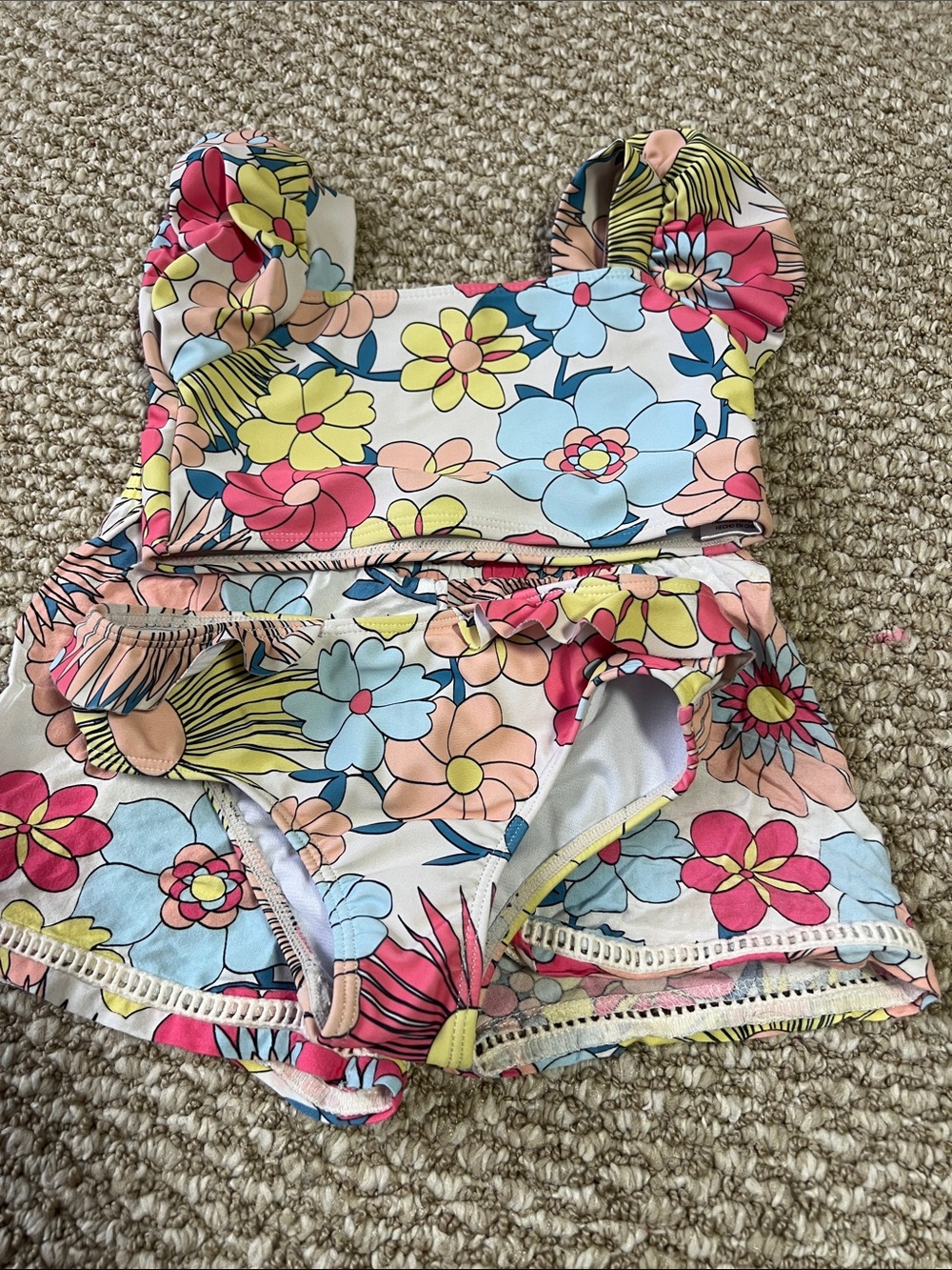 Jessica Simpson White Floral Ruffle Skort Swim Set - Pink Blue Yellow